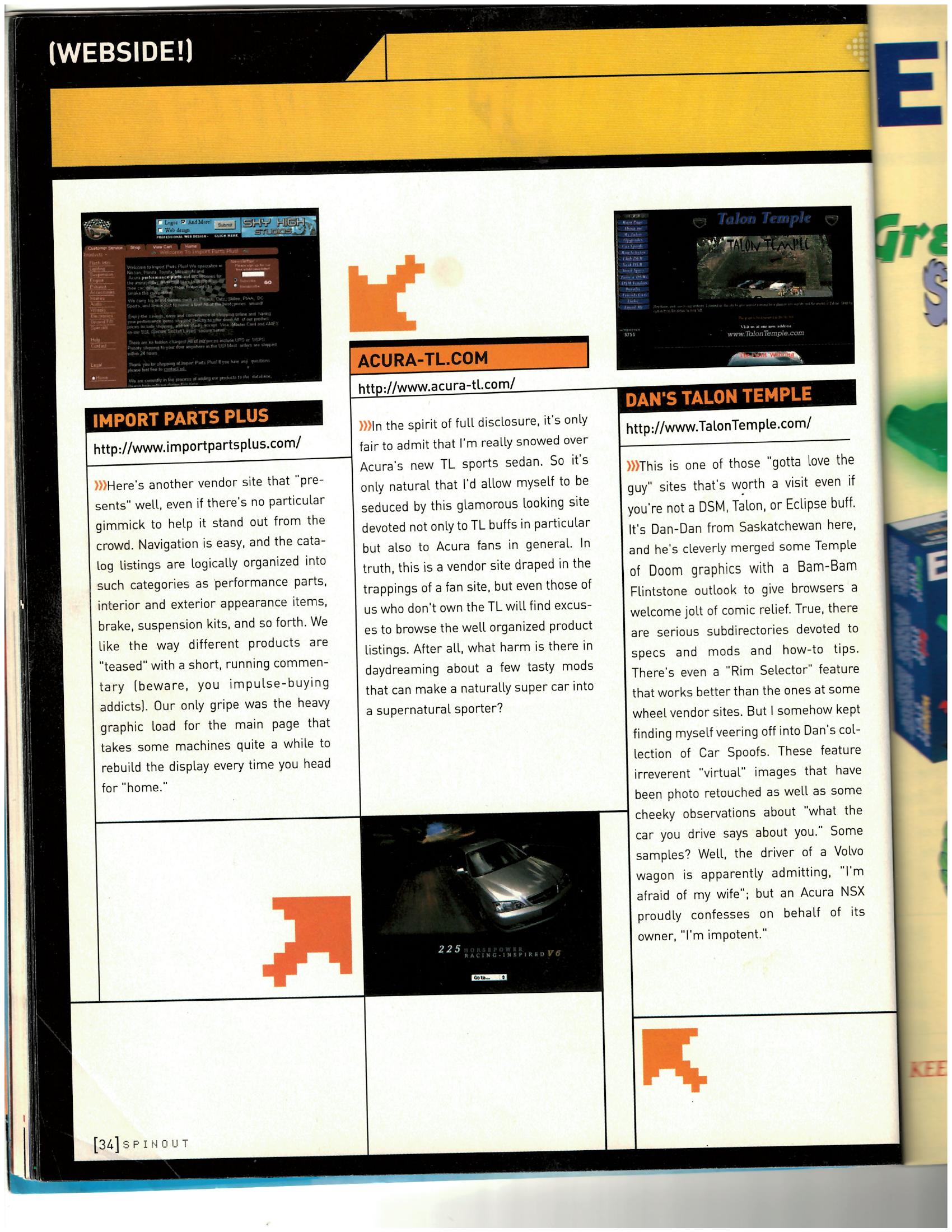 Sport Compact Car magazine, WEBSIDE! column, August 2000, page 34, featuring Dan's Talon Temple